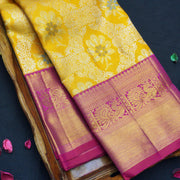 Mustard Yellow Bridal Silk Saree - Exquisite Ogee Design with Meena Work - Vivaaha Silks & Sarees